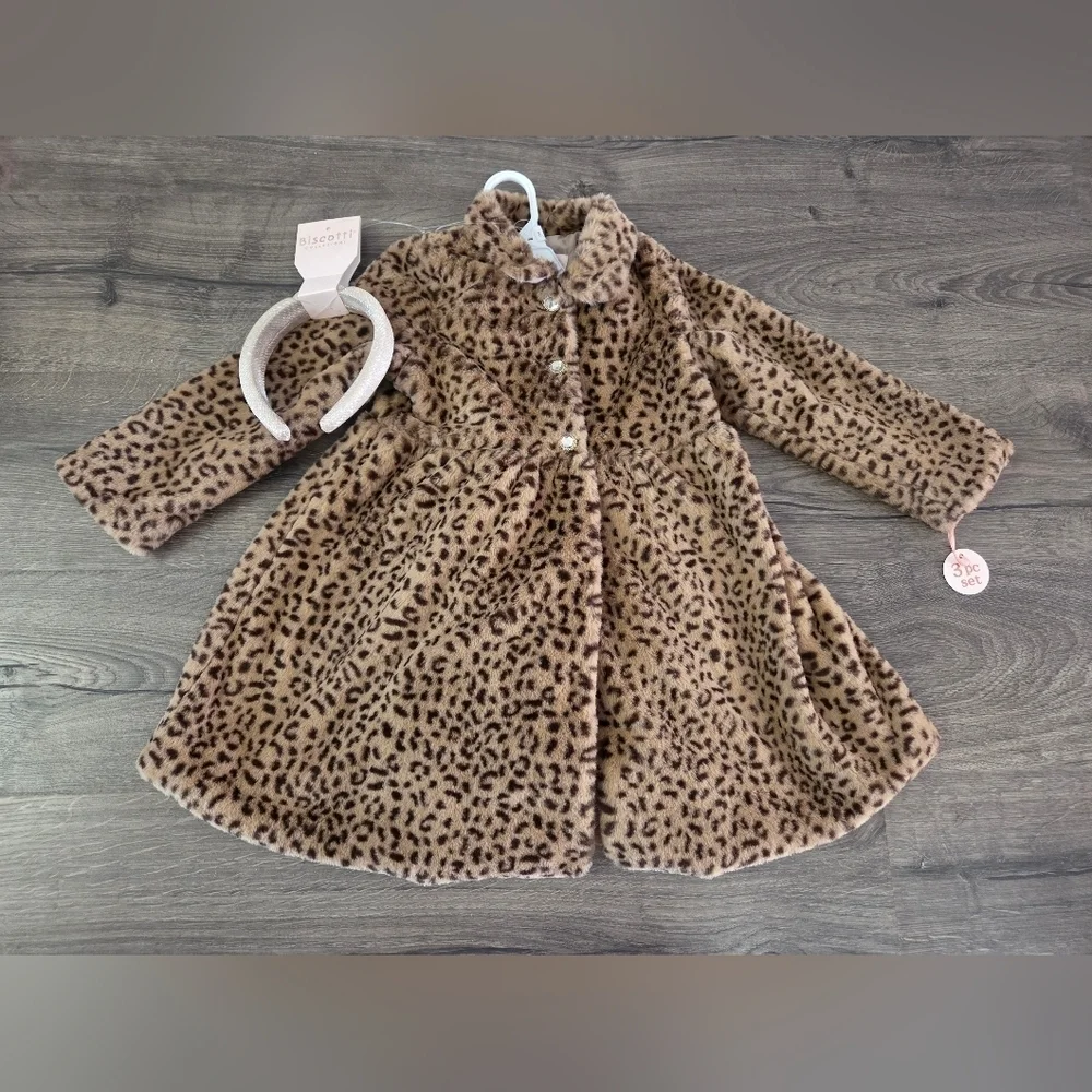 Biscotti Girls Leopard Print Kids Coat & Dress Set Size 4t NWT